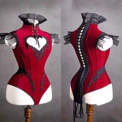 Vintage Red Heart Cutout Strap Bodysuit Gogo Costume Women Dancer Jazz Dance Leotard Nightclub Party Sexy Performance Stage Wear