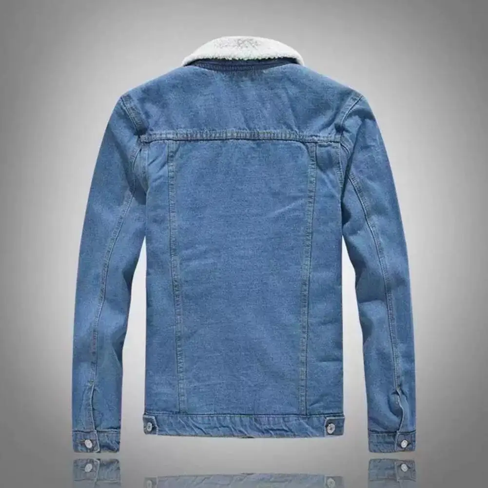 Men Solid Color Jacket Men's Stand Collar Denim Jacket with Thickened Plush Lining Neck Protection Slim Fit for Fall