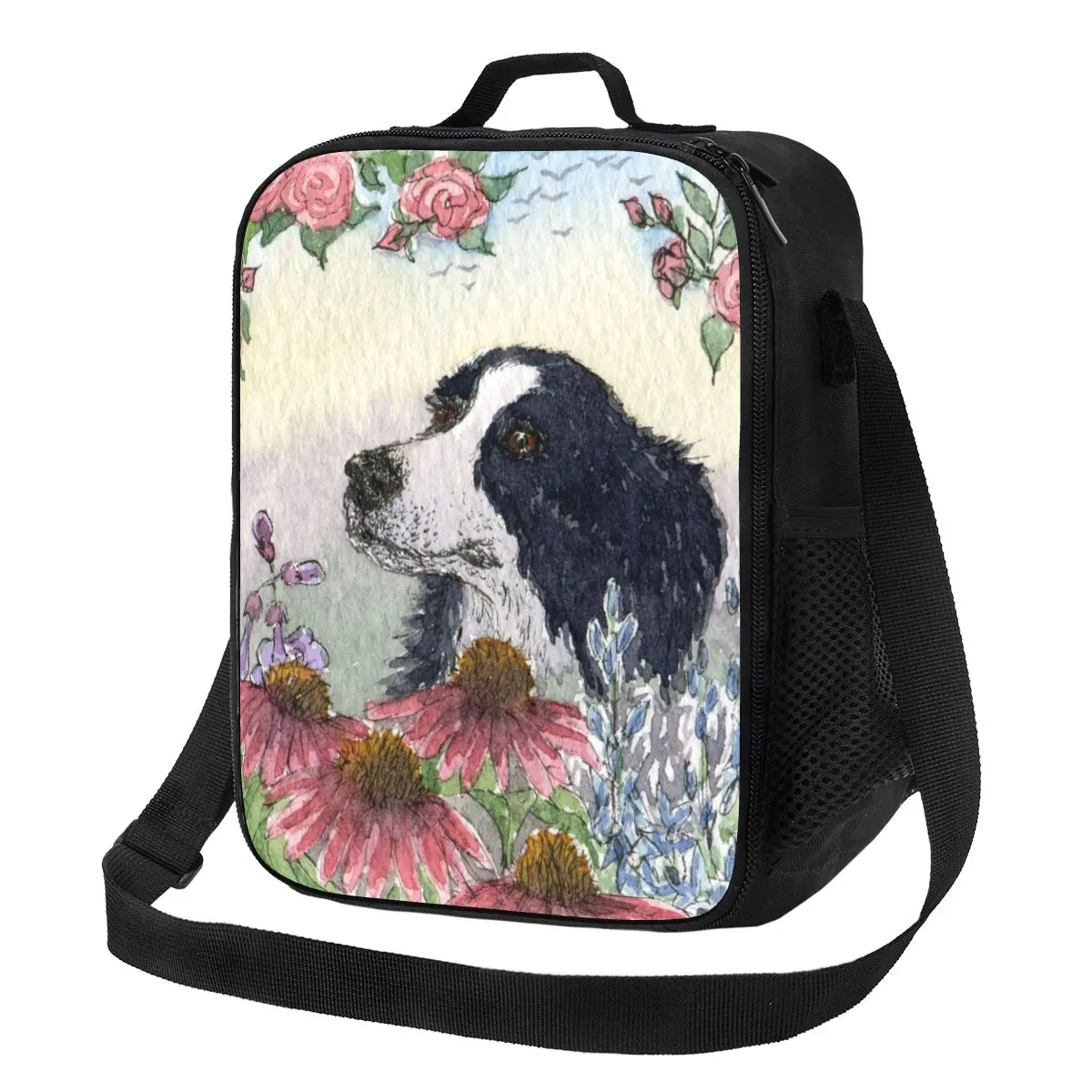 

Cute Border Collie Dog Flower Insulated Lunch Bag for Outdoor Picnic Animal Pet Leakproof Thermal Cooler Lunch Box Women