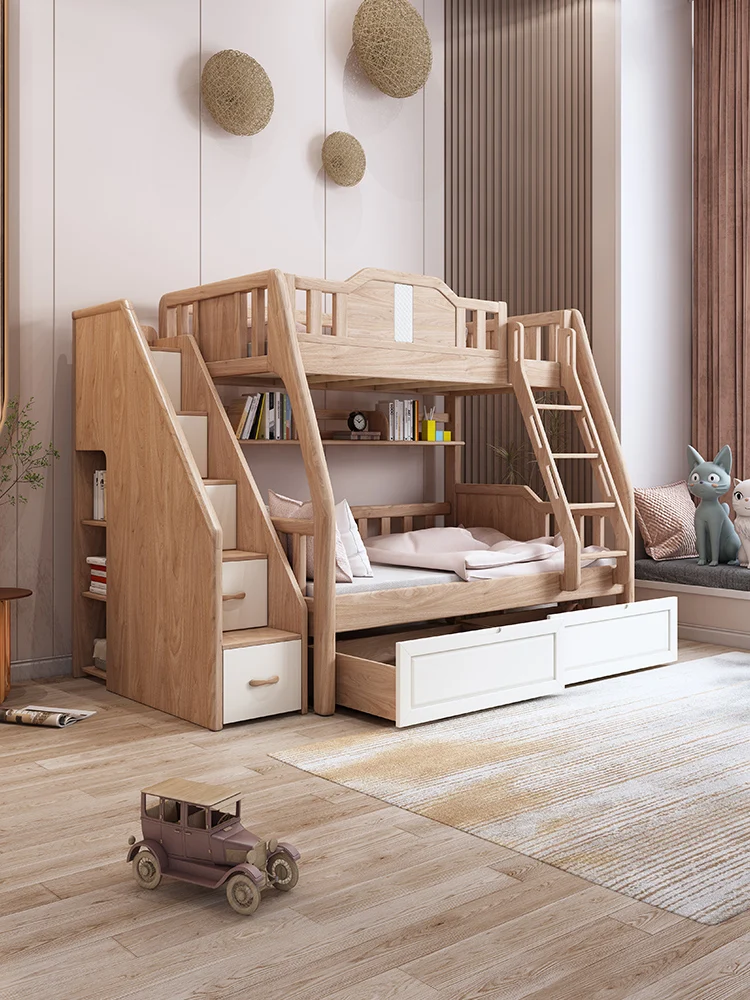 

Double decker bed with upper and lower bunks, double decker children's bed, white wax wood full solid wood high and low bed