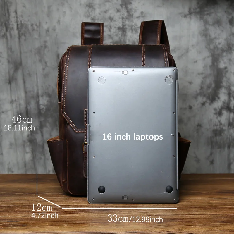 NZPJ Vintage Genuine Leather Men's Backpack Crazy Horse Leather Backpack Natural Cowhide Travel Bag Leisure Computer Bag