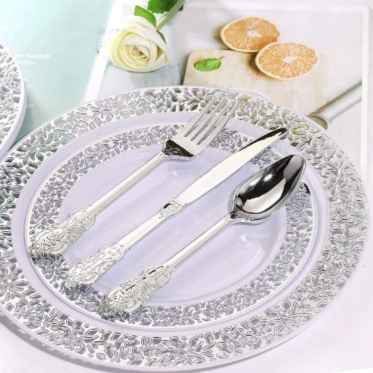18pcs Disposable tableware electroplated silver dessert fork cake fork soup spoon Western tableware high-end