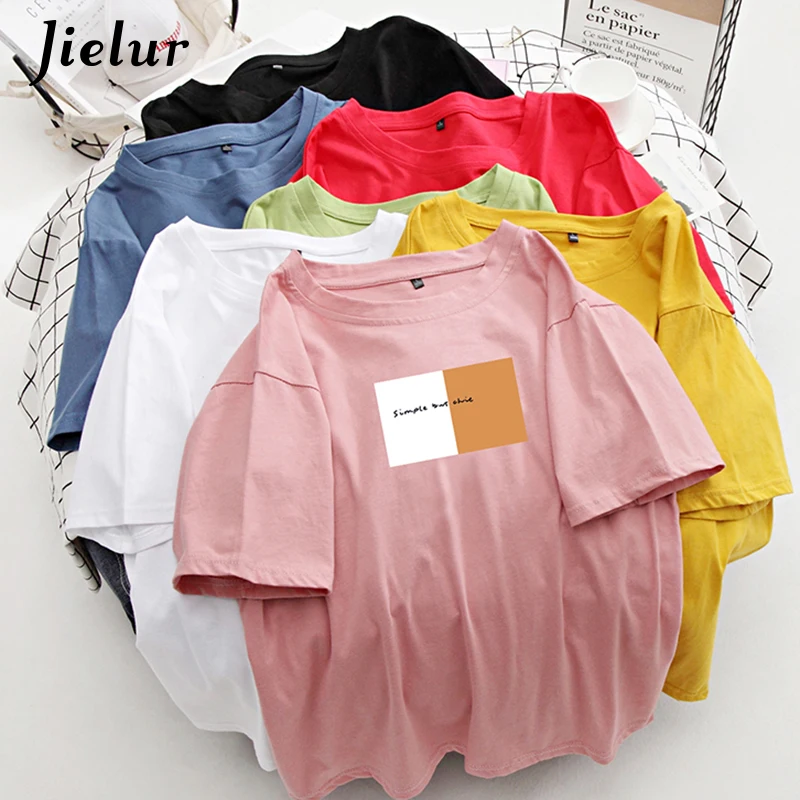 

M-4XL Women's T-shirt Casual Letter Print Top 7 Colors Short Sleeve Green Blue Summer Tee Shirt Female Cotton T-Shirt