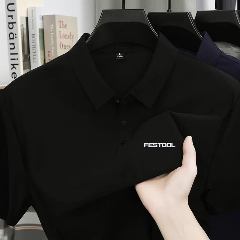 Polo stampata alla moda a maniche corte in seta ghiaccio, comoda maglietta da uomo estiva casual traspirante a tinta unita con risvolto