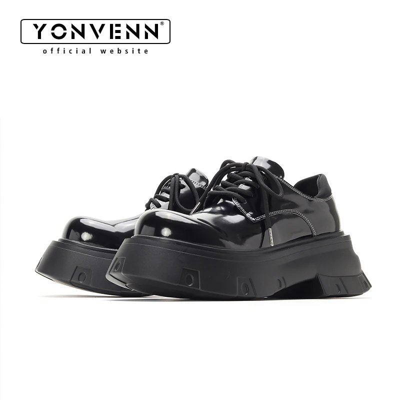 YONWENN original thick soled height 7CM big toe leather shoes for men glossy patent leather high-end black versatile dress shoes