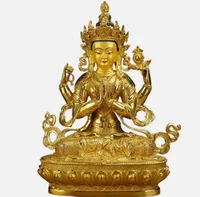 8" Chenrezig Kwan-yin 4 arms guanyin Divinity Buddha Statue pure Bronze gilt & 1