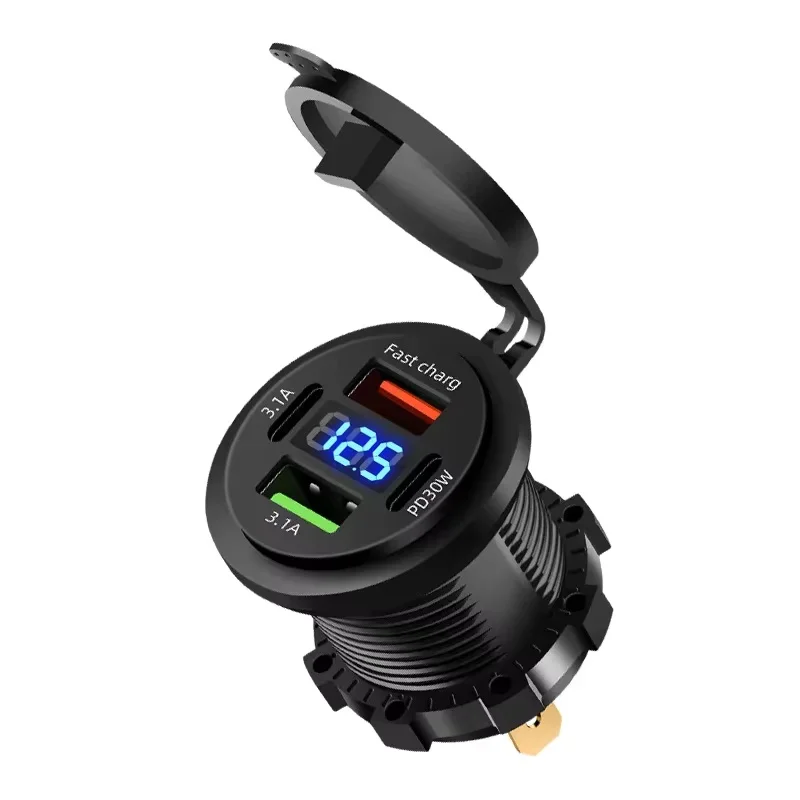 차량용 충전기 소켓 듀얼 타입-C 및 듀얼 USB 4포트 고속 충전 소켓 자동차 보트 오토바이용 전압계 12V/24V 방수