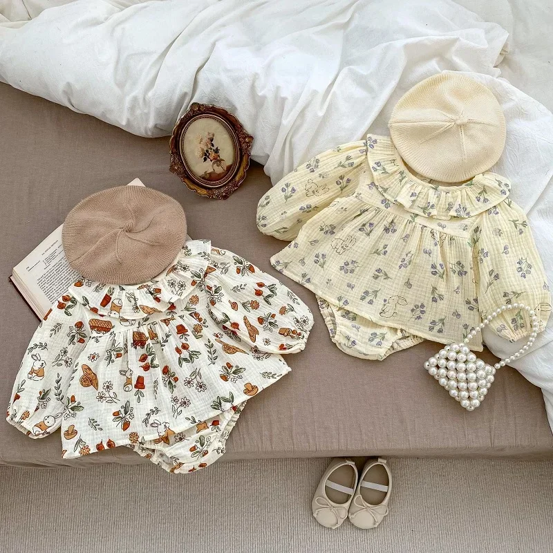 

INS Autumn Newborn Baby Girl Clohing Set 0-3Years Princess Kids Long Sleeve Flower Cotton T-shirt Tops Bloomers Shorts 2PCS Suit