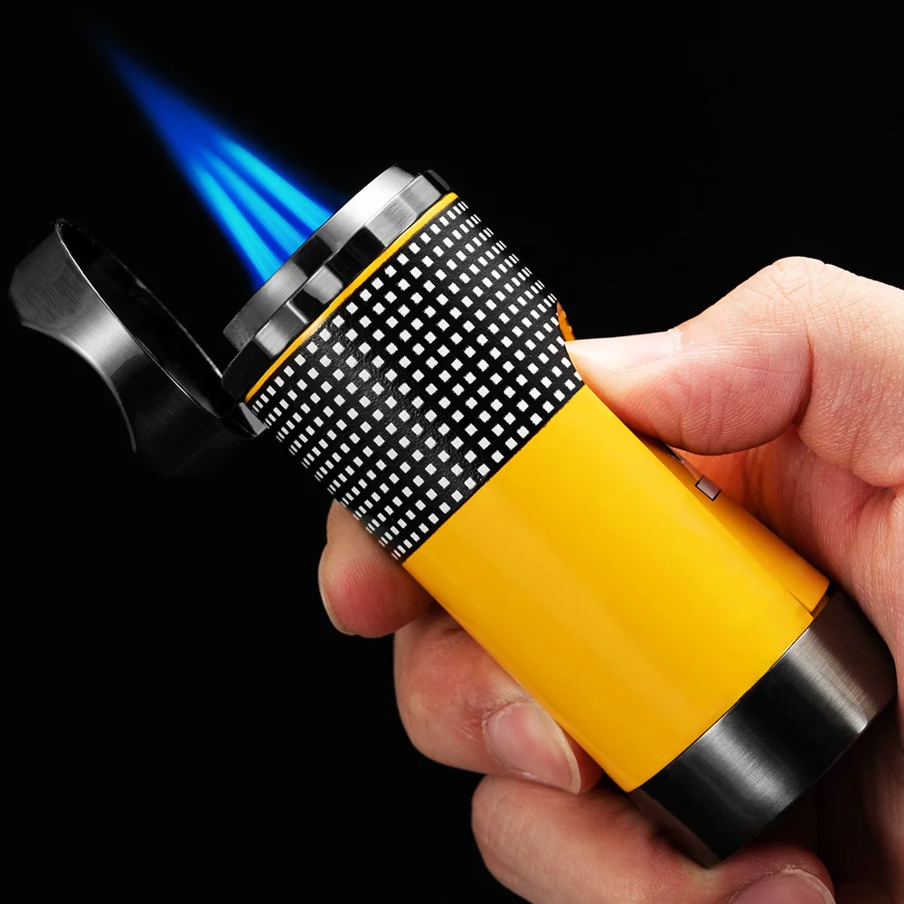 Cigar Lighter Built In Puncher Windproof Cigar Lighter Holder Butane 3 Torch Jet Flame Smoking Accessories With Gift Box