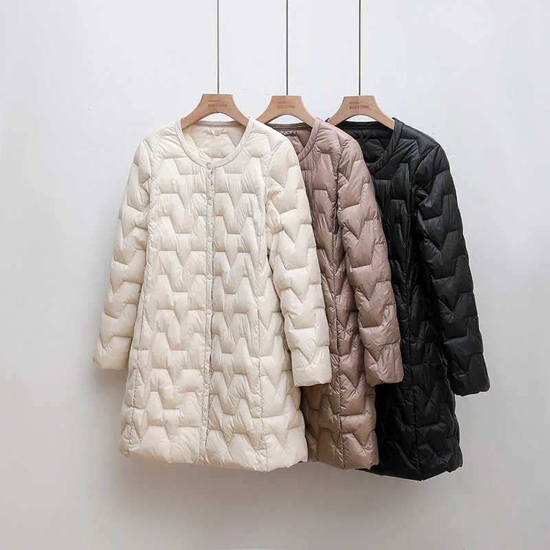 

Autumn Winter Warm Ultra Light White Duck Down Coat Women Midi Long Big Size Parkas Ladies Single Breasted Slim Puffer Jacket