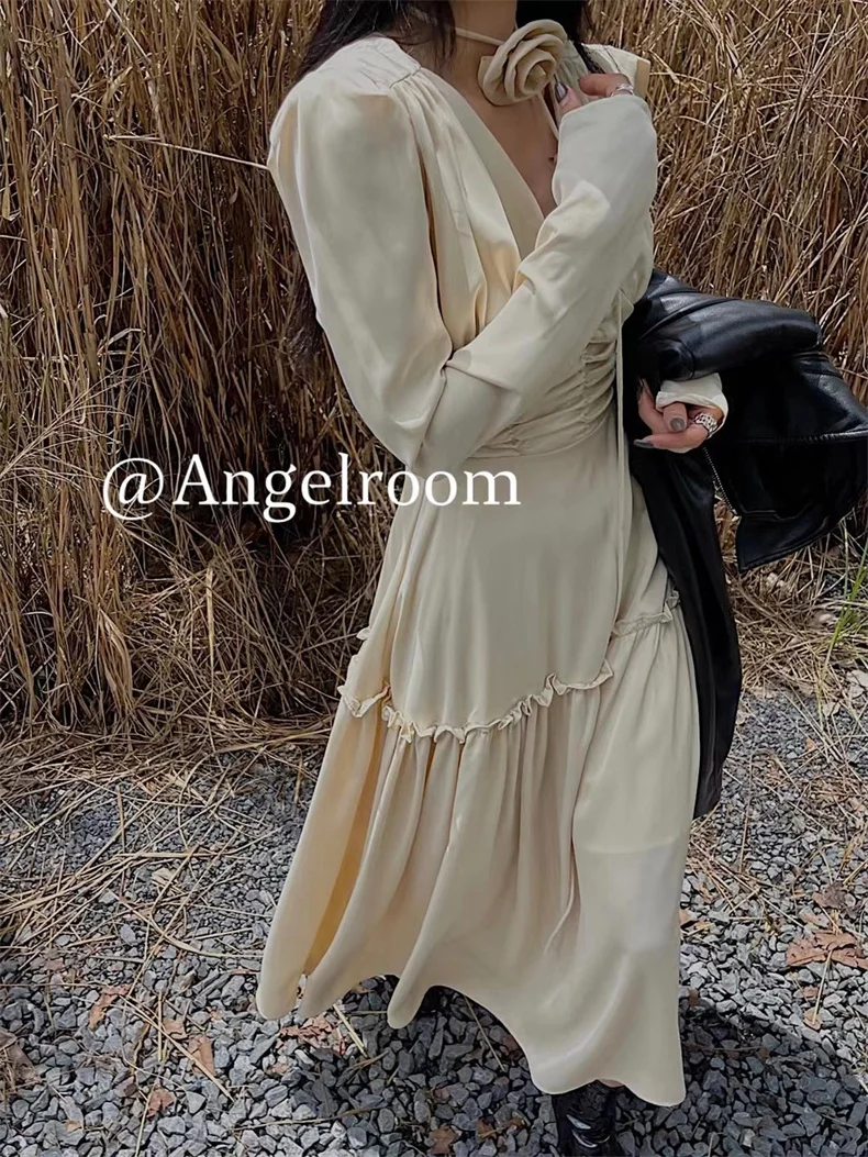 Autumn Satin Midi Dresses for Women Long Sleeve V-neck Folds Design A-line Korean Fashion Office Lady One Piece Vestidos New