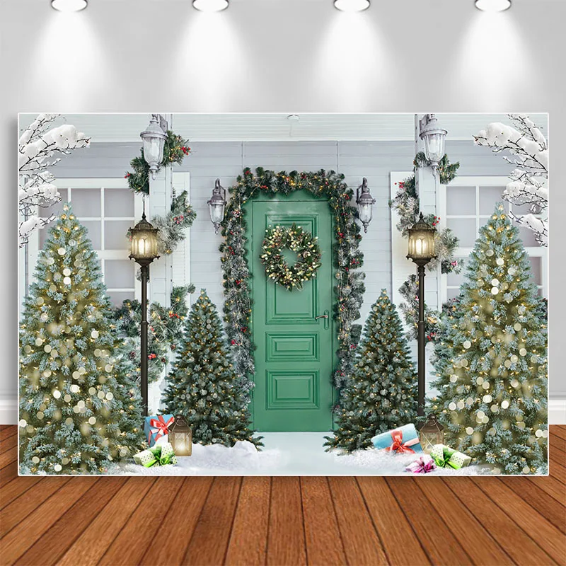 

Christmas Backdrop Xmas Tree Gift Decoration Green Door Snow Photography Background Family Portrait Photoshoot Photo Prop Studio