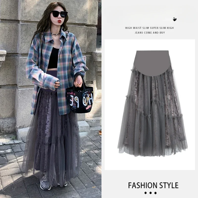 Good Quality Pregnant Woman Mesh Skirts for Autumn Irregular Ruffles Patchwork Maternity Mesh Skirt Luxury Pregnancy Belly Skirt
