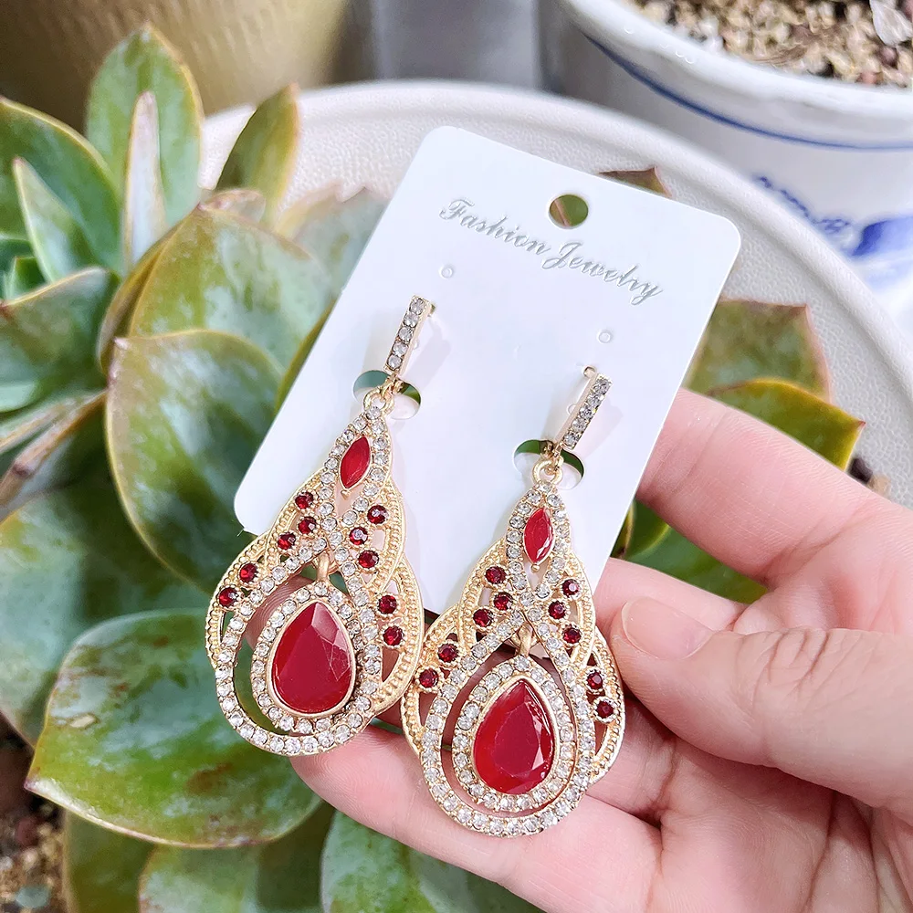 Sunspicems Chic Morocco Women Drop Earring Full Crystal 18K Gold Color Palace Banquet Wedding Jewelry French Bridal Earring Gift