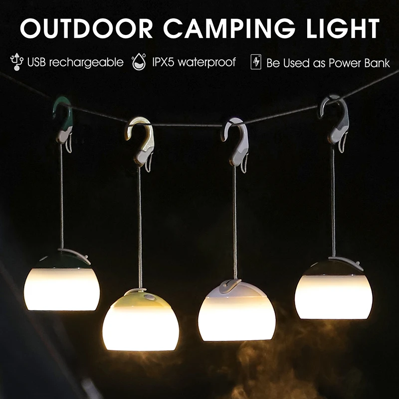 Portable Camping Light USB Rechargeable Hook Camping Lantern Adjustable Outdoor Waterproof Tent Lights Emergency Table Lamp
