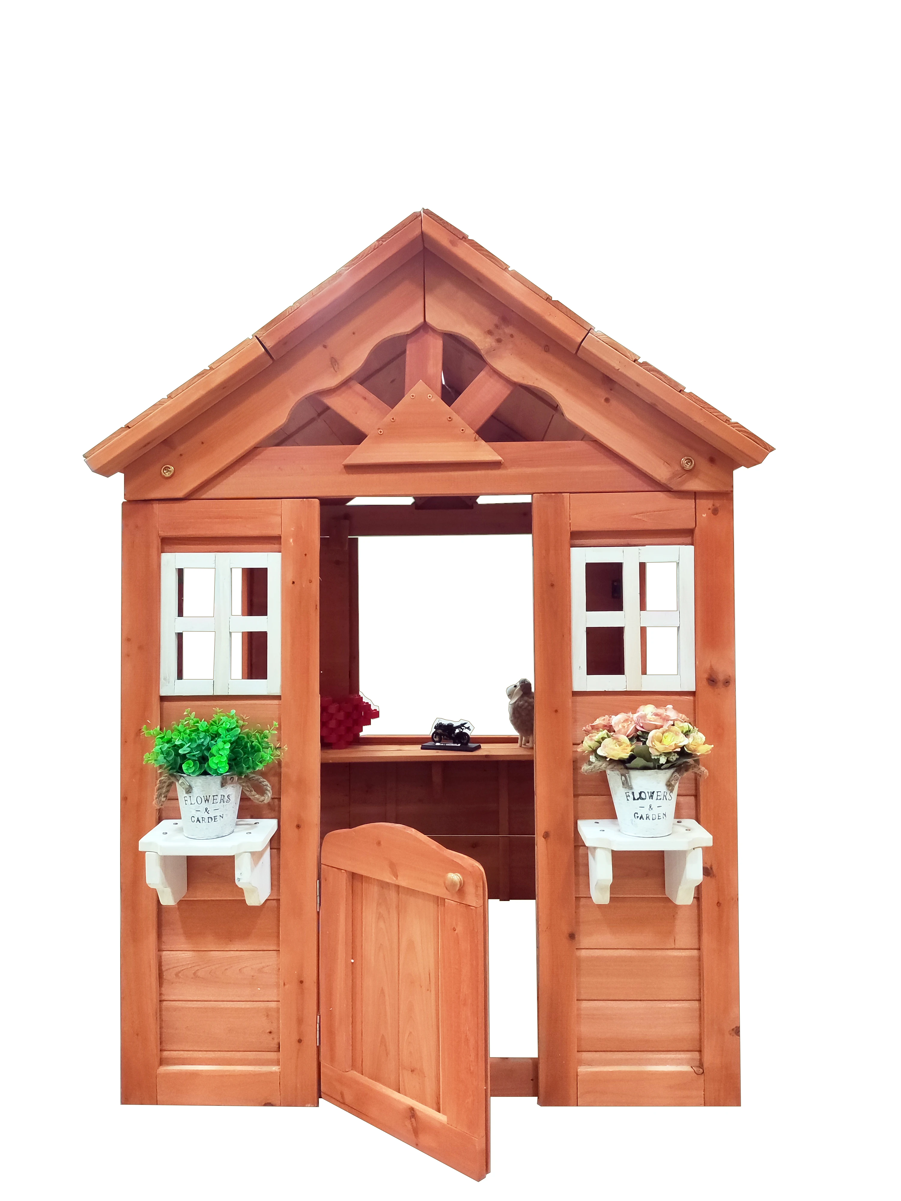 All Wooden Kids Playhouse with 2 windows and flowerpot holder,42"Lx46“Wx55"H,Golden Red 6