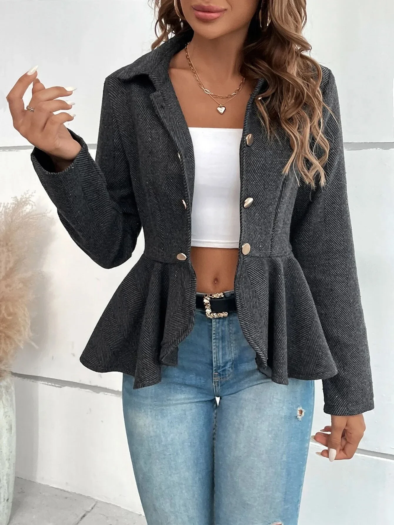 Autumn 2023 Women's Fashion Commuter Polo Collar Jacquard Ruffle Edge Slim Fit Double Breasted Temperament Office Suit Coat