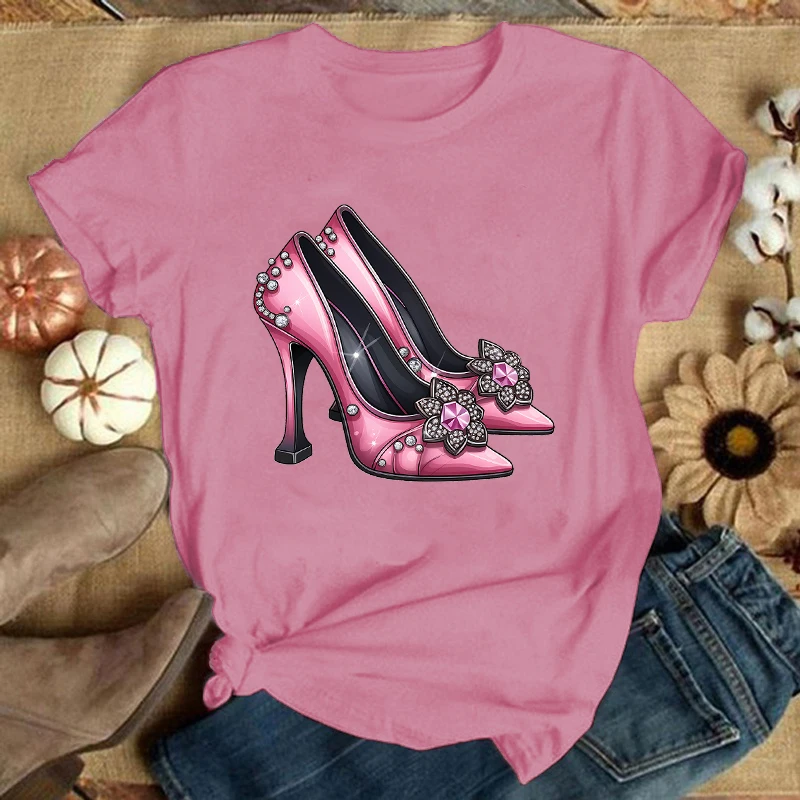 

Fashion Unisex T-Shirt Pink High Heel Print Designed Summer Tops Tees(Premium T-shirt)