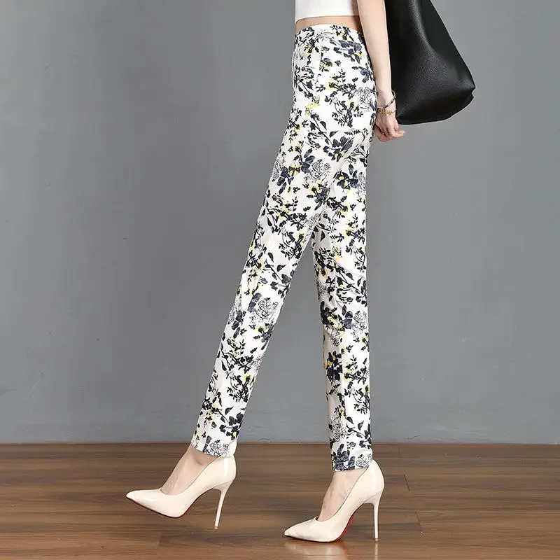 Women Skinny Pencil Pants 2024 Spring Summer Casual Stretch Tight High Elastic Floral Printing Pants All-match Trousers