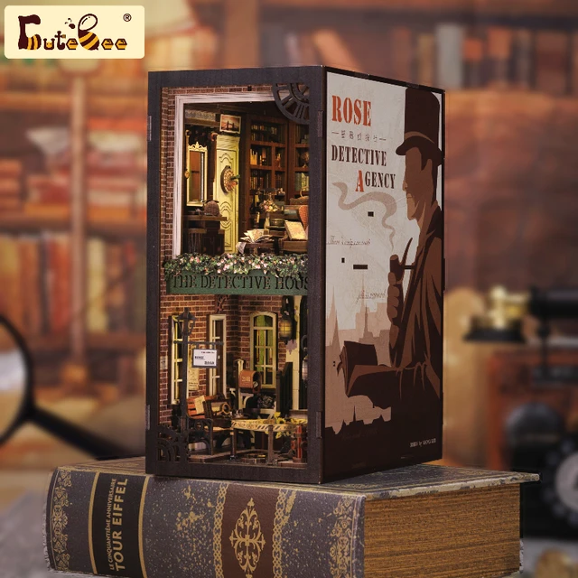 CUTEBEE Book Nook Miniature Doll House Kit Bookshelf Insert With Touch Light Dust Cover DIY Booknook Gifts Rose Detective Agency 2