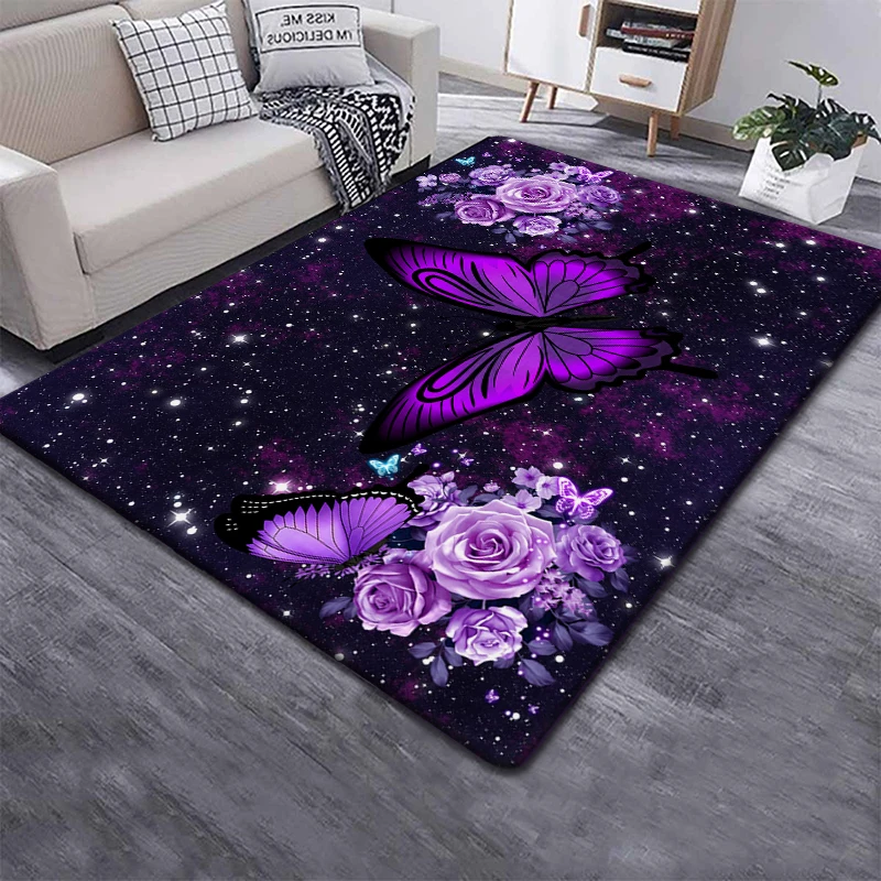

Gorgeous Purple Flower Printed Carpet Modern Butterfly Carpet for Living Room Bedroom Bedside Rug Floor Mat Hallway Non-Slip Rug