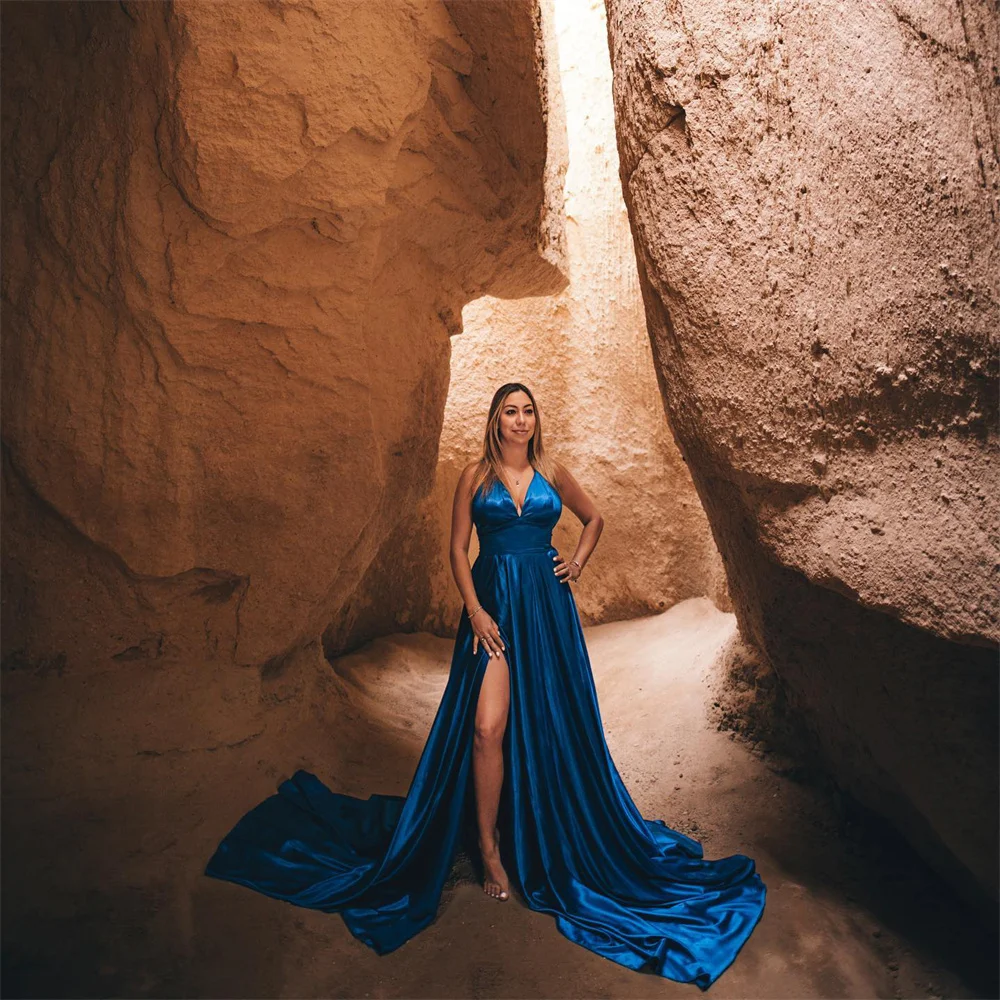 

Lily Navy Blue Beach Evening Dresses Soft Stain Charming Prom Dress V Neck Party Dresses With High Split vestidos de noche