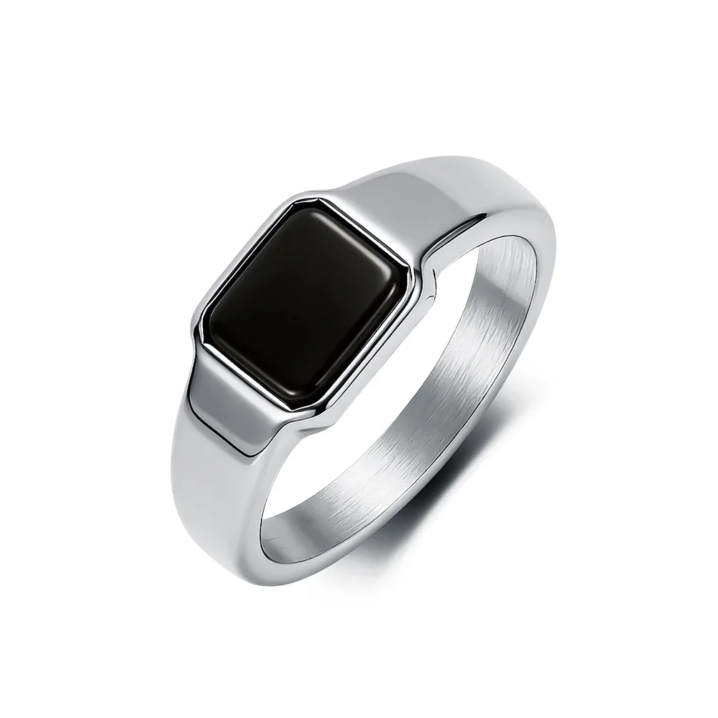 Luxuriöser geometrischer Ring mit schwarzem Edelstein im minimalistischen Stil aus Titanstahl für Damen, trendiger Schmuck, Weihnachtsgeschenk