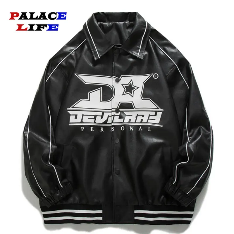 

New Arrival Spring Autumn Pu Leather Print Black Men Baseball Bomber Jacket Unisex Women High Streetwear Coat Couple Casual Chic