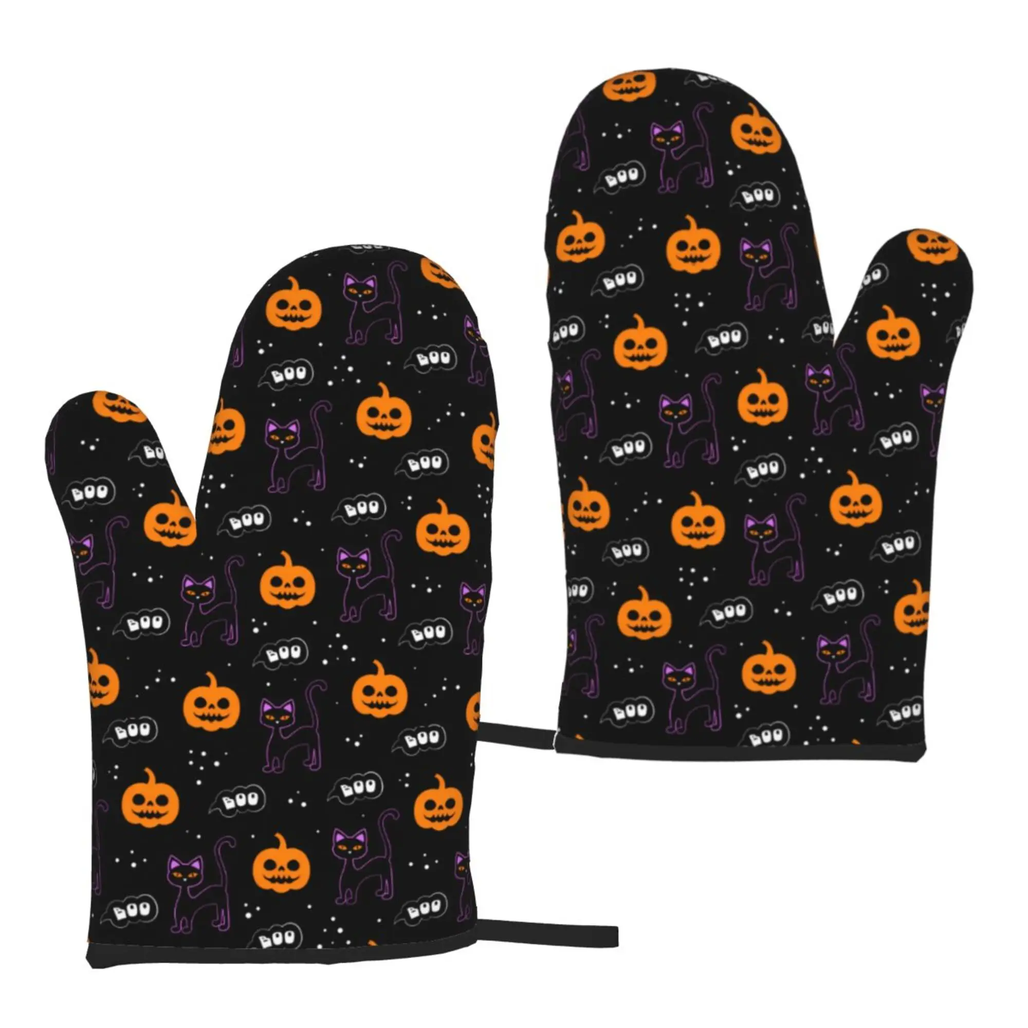 Black Cat Boo Pumpkin Halloween Oven Mitts 2pc Microwave Gloves Bbq Cooking Gloves Heat Resistant Kitchen Gloves One Size 1pair aramid high temperature resistant gloves oven mitts knitting heat insulation workshop mould gloves bbq kitchen oven gloves