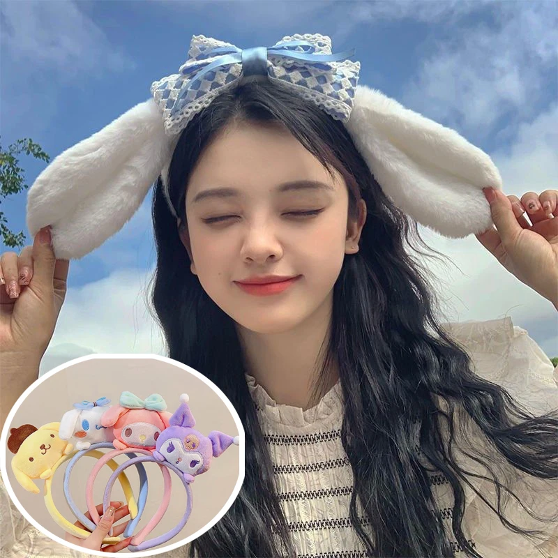 

Милая плюшевая повязка на голову Sanrio Kuromi My Melody Cinnamoroll, повязка на голову с бантом для мытья лица, Женские аксессуары для волос для девочек, подарки