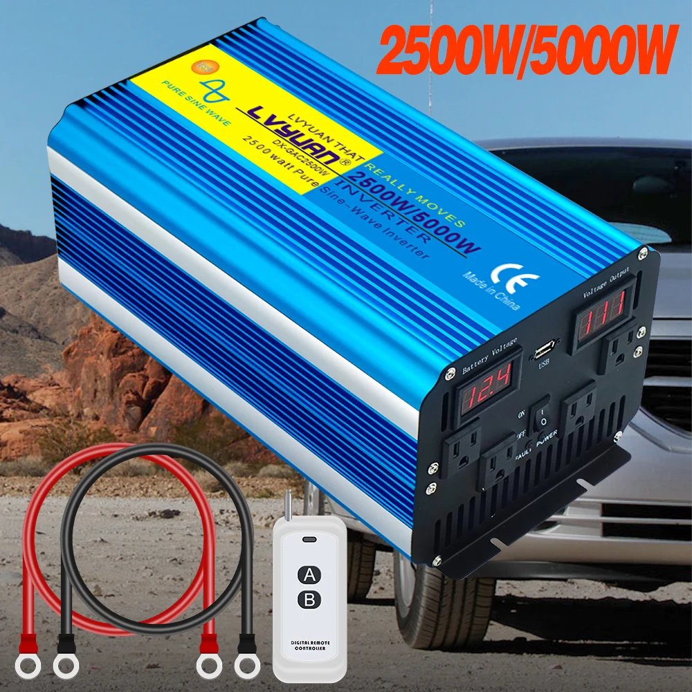 

2500W/5000W DC 12V/24V TO AC 110V 100V 50Hz/60Hz LED voltage display converter Remote Control US Socket Pure Sine Wave Inverter