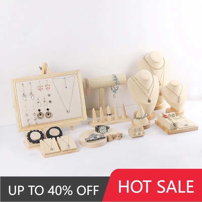 Top Selling Wooden Earrings Holder Jewelry Display Storage Rings Bracelet Necklace Stand Jewelry Showing Props Set Wholesale