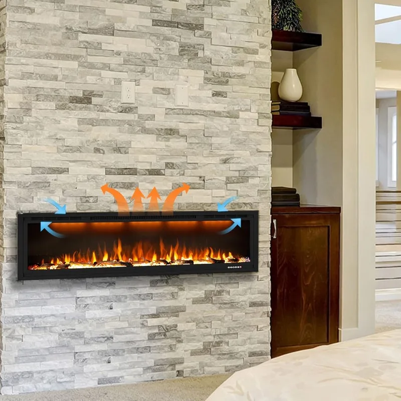 Electric Fireplace 74 inch,Recessed Wall Mounted Fireplace Heater,Logs Crystal,Multicolor Flame Combinations,Overheating Protect