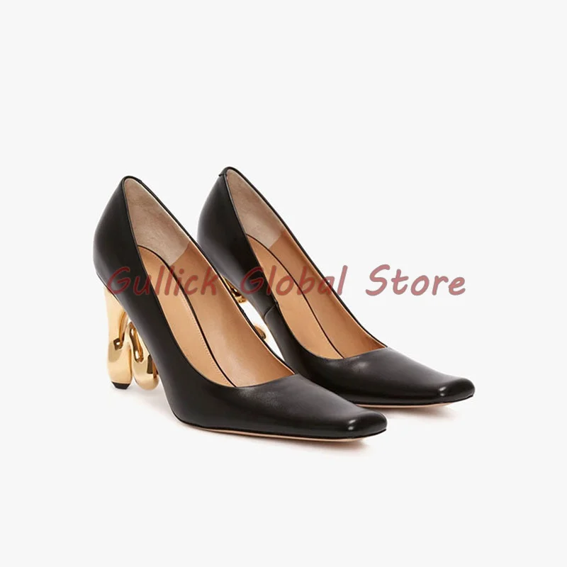 

Fashionable Women Shoes Black White Genuine Leather Square Toe Shallow Strange Style Metal Chunky Heel Pumps Party Career Soft