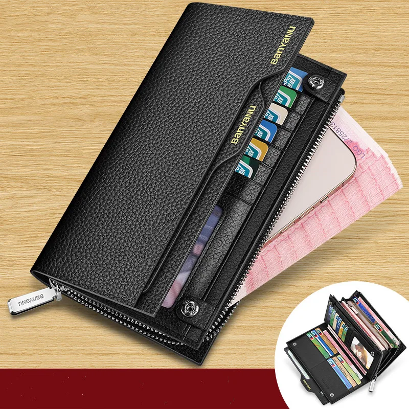 BanYaNu Genuine Leather Business Men Wallet Long Large-Capacity Clutch Bag ID Credit Card Holder Luxury Brand Wallets for Man