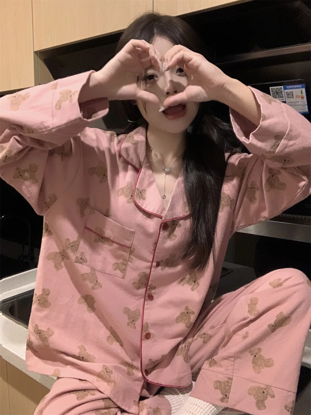 Korean Ins Style Cute Bear Pajamas Women's Spring and Autumn 2024 New Brushed Long Sleeve Long Pants Loungewear Set