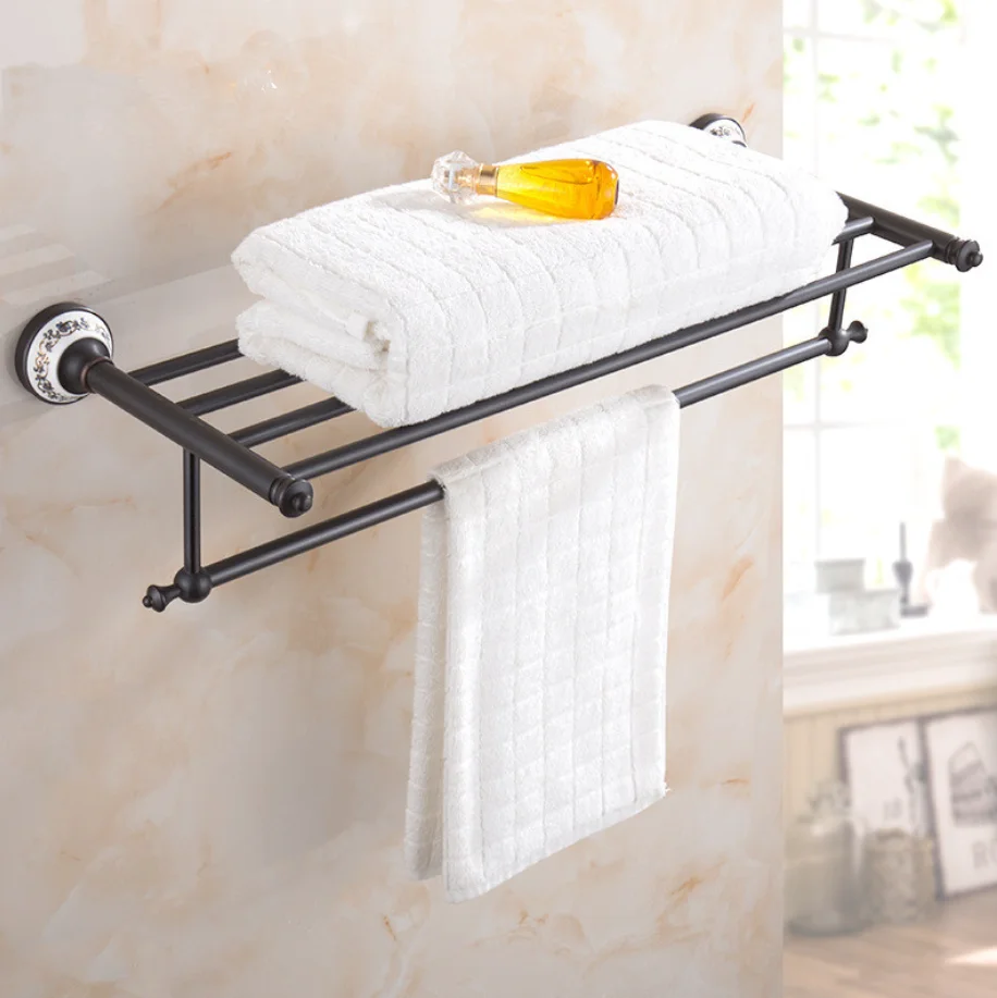 Ceramic Series Black Bronze Copper Bathroom Accessories Towel Shelf Towel Bar Tempered shelves Hotel Hardware Pendant