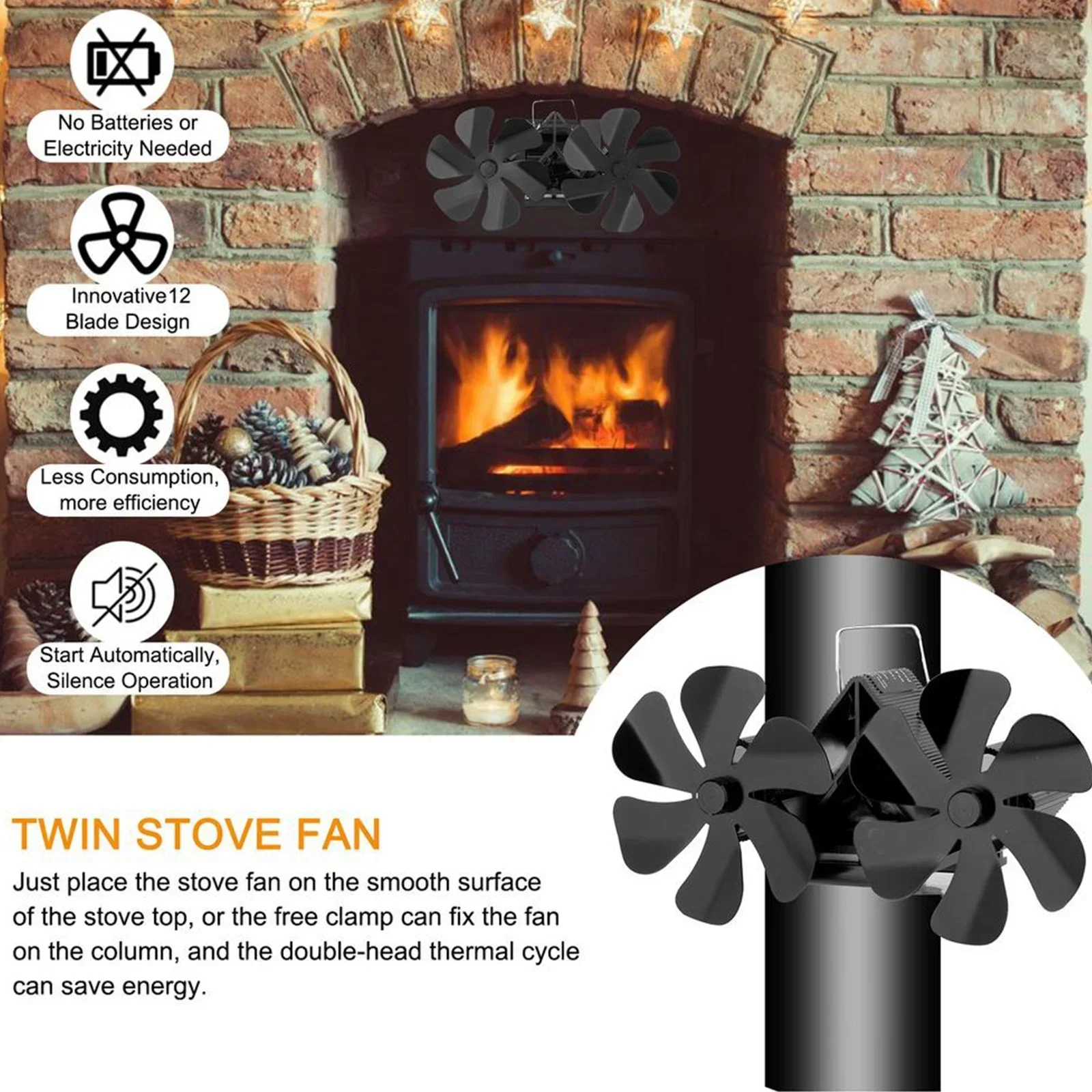 12 Blades Wall-Mounted Heat Powered Stove Fan Fireplace Fan Double Head 12 Blade Furnace Wall Mounted Unpowered Operation
