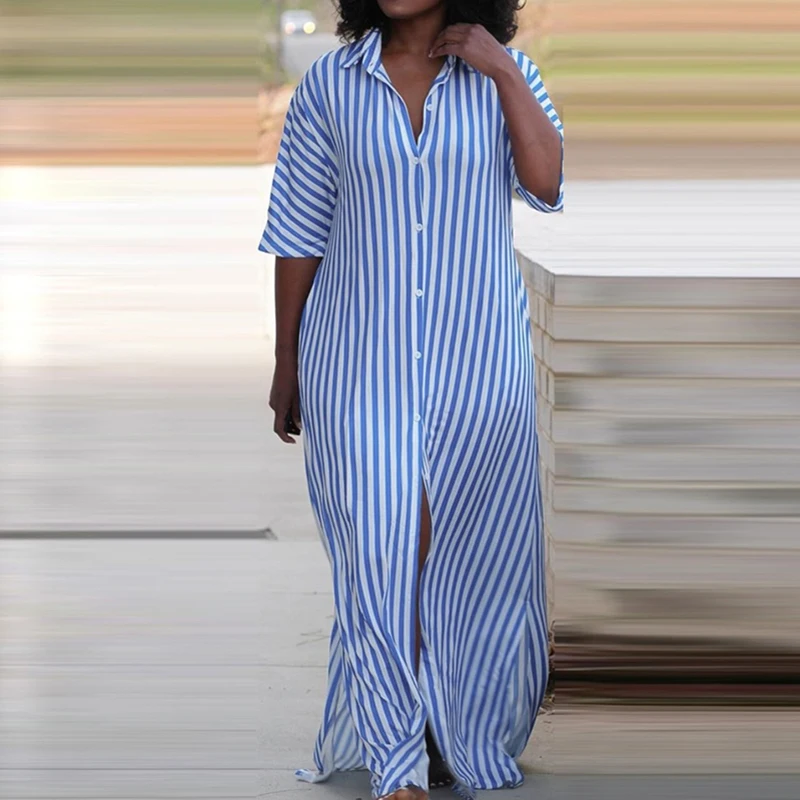 

Office Elegant Striped Shirt Dress 2024 Women's Turn-down Collar Half Sleeve Loose Dress Casual Single Breasted Split Long Dress