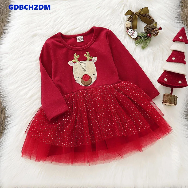 

Christmas Print Tutu Dress for 1-4Y Baby Girl O Neck Christmas Cartoon Deer Long Sleeve Shirt Tulle Dress Xmas Party Dresses