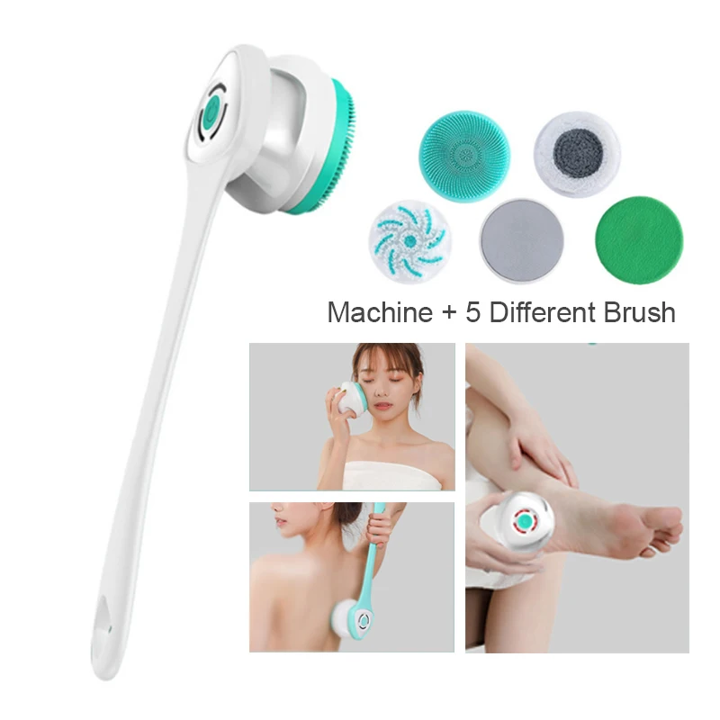 Electric Bath Brush 5-in-1 Long Handle Rechargeable Spin Body Facial Scrubber Back Rubbing Cleaning Massage Spa Shower Brush