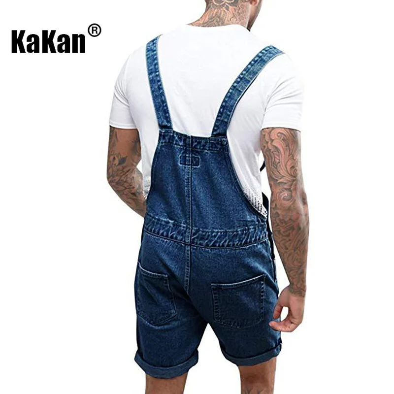 Kakan - European and American New Vintage Men's Denim Shorts, Perforated One Piece Workwear Strap Jeans K34-209