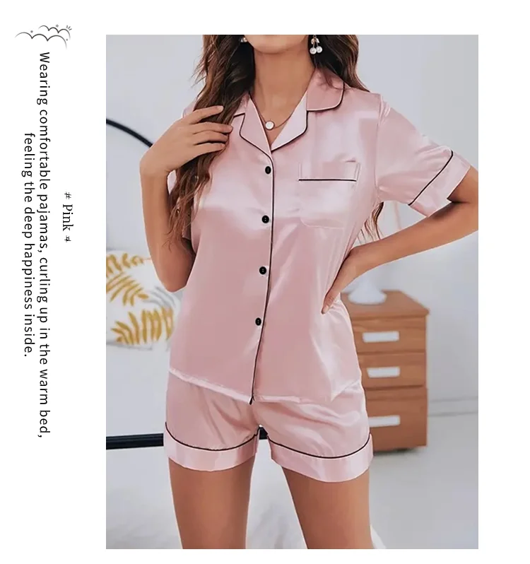 Sommer Seide Satin Frauen Pyjamas Set Button Down Top & Shorts 2 Stück Nachtwäsche gekerbten Kragen Nachtwäsche Lounge wear für Frauen – Detail 9