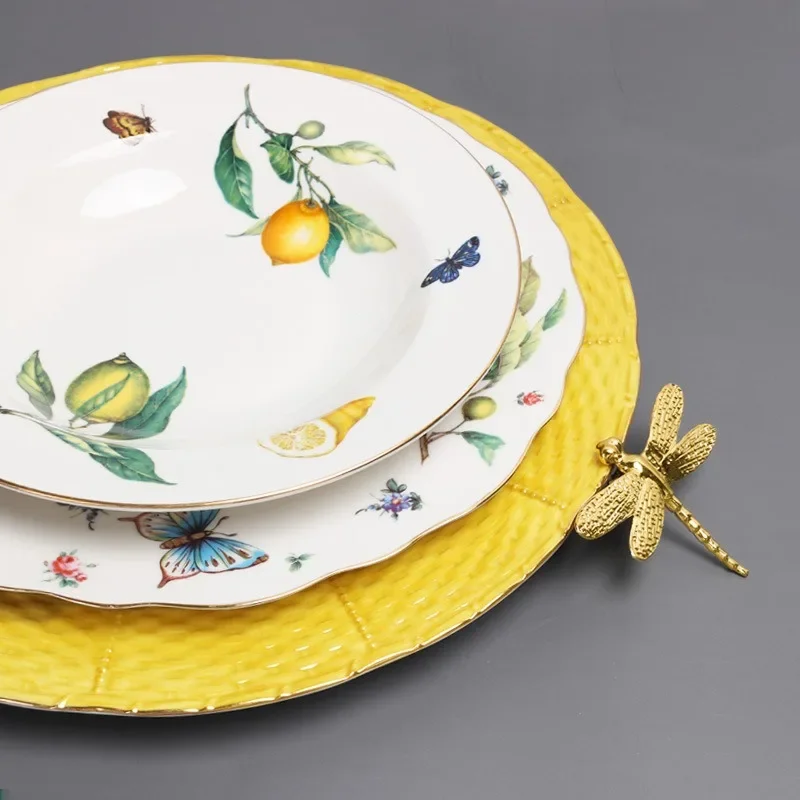 Ceramic Dinner Plate Set with Lemon Pattern for Western Cuisine