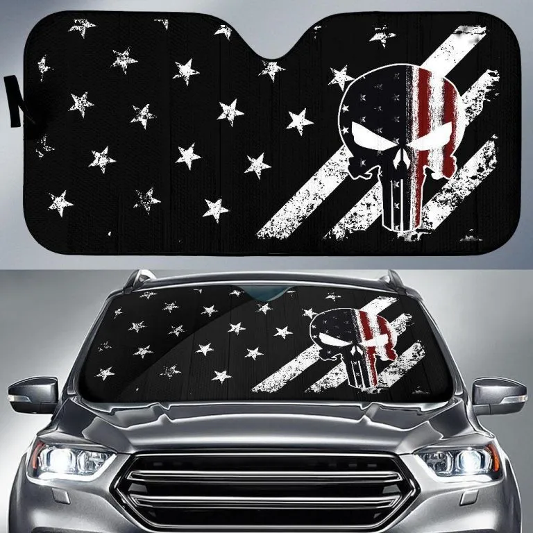 

Car Windshield Sunshade American Flag with Skull Print Front Auto Window Protector Cover Summer Anti-UV Sun Shade 4th of July
