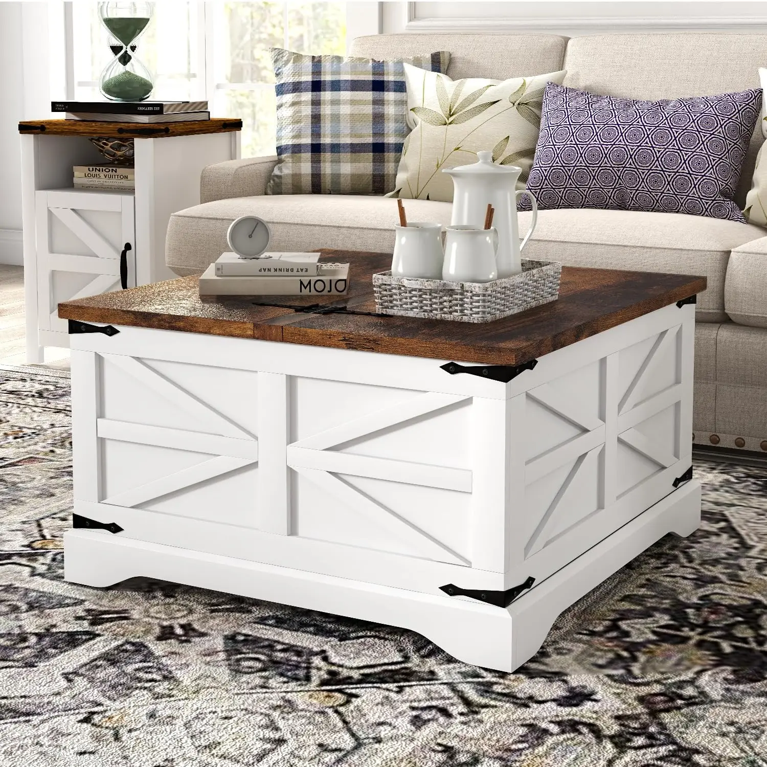 3-Piece Farmhouse Table Set Includes 31” Coffee Table and Side Tables with Storage Space, Retro Tables for Living Room, White