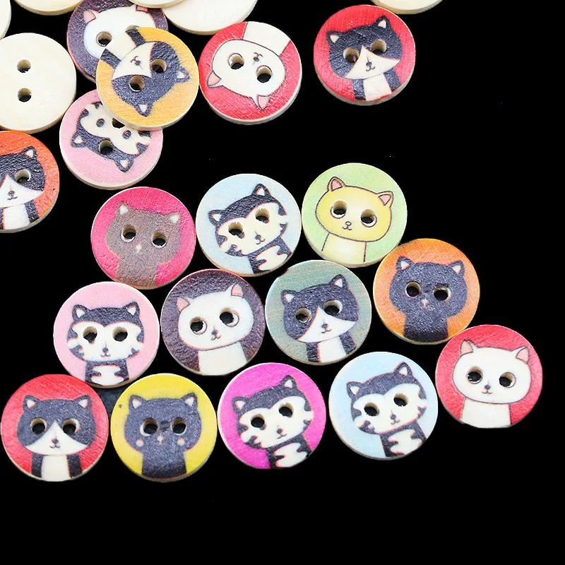 (100 Pieces/pack) 15mm Wide 2-hole Printed Cartoon cat Button Handmade DIY Craft Clothing Decoration Jewelry Button