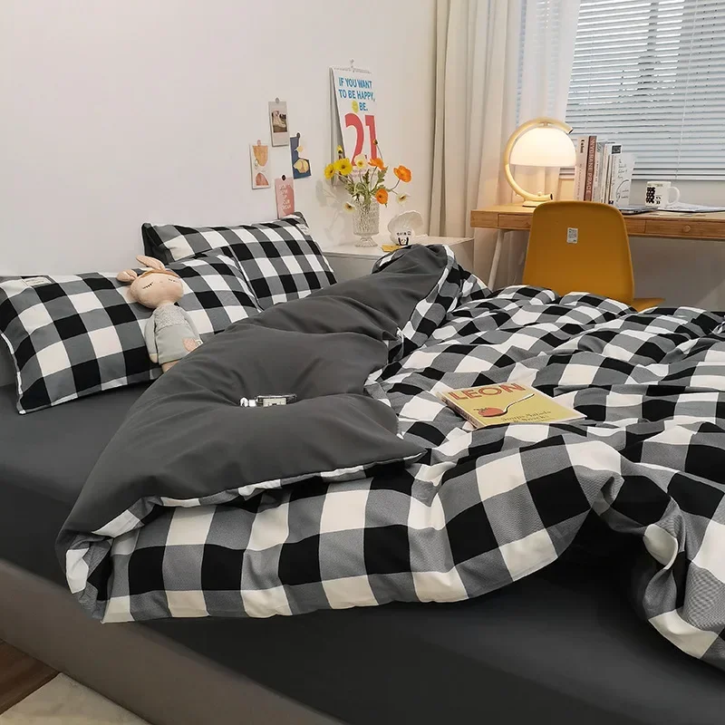 أطقم مفروشات يابانية بسيطة مخططة مصنوعة من القطن المغسول وصديقة للبشرة وغطاء سرير للملكة مقاس كينج