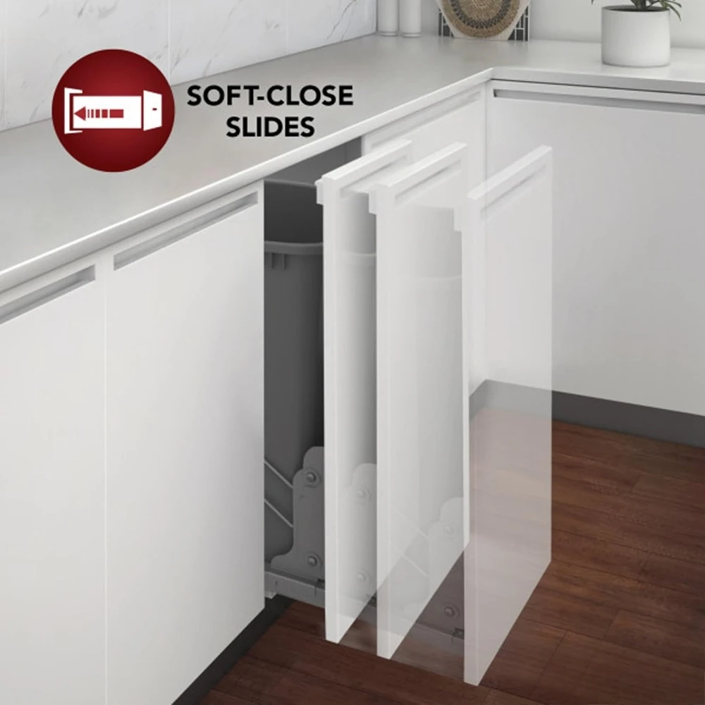 Double Pull Out Under Cabinet Trash Can w/Soft-Close, 35 Qt Garbage Bin for 15" x 1.5" Face Frame, Silver 6