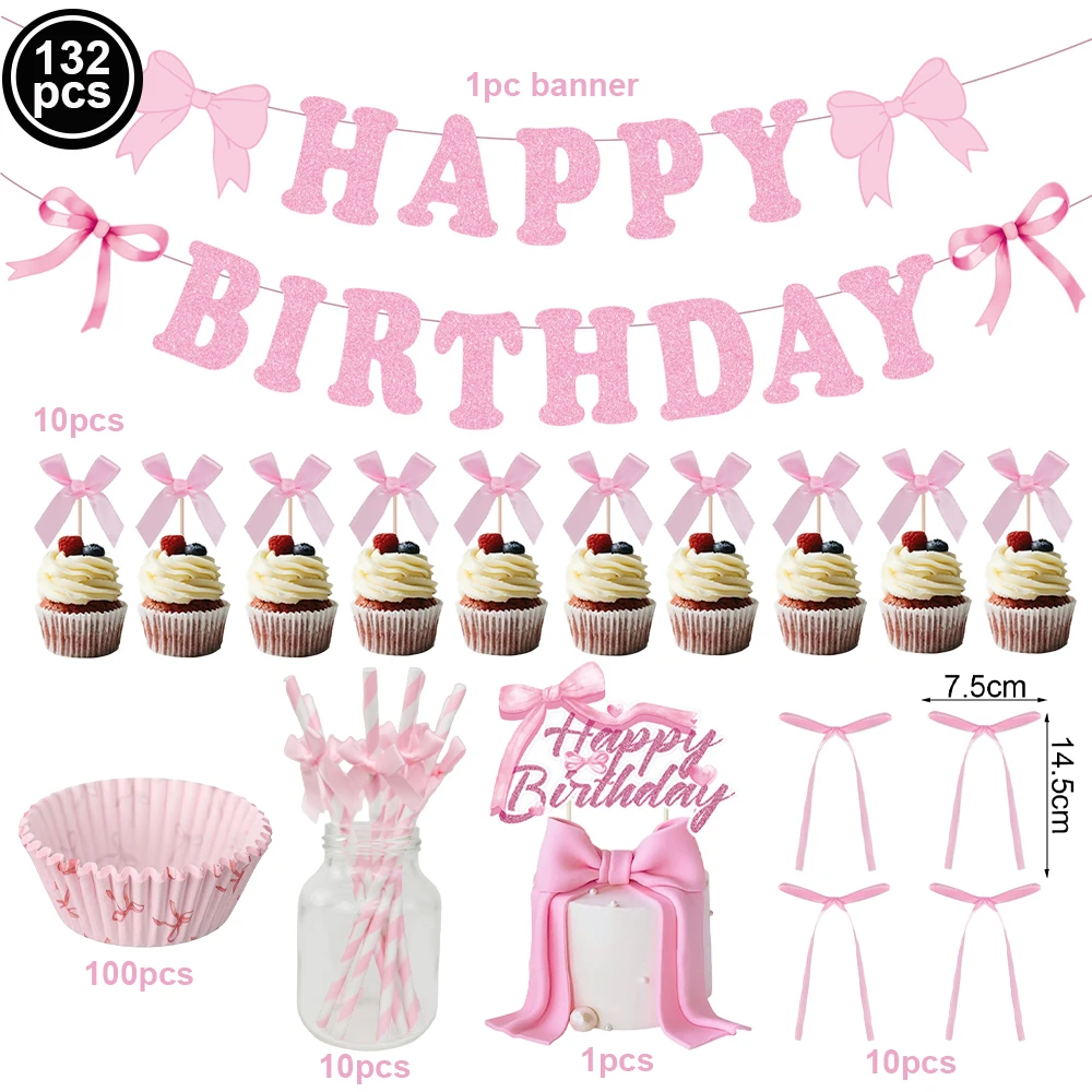 Pink Bow Birthday Party Tableware Set - Plates, Cups, and Napkins